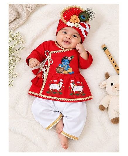 Baby Koala Cotton Woven Janmashtami Theme Full Sleeves Krishna Printed Kurta & Dhoti Set - Red