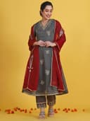 W Grey Embroidered Three-Quarter Sleeves Anarkali Kurta and Pants with Dupatta 1