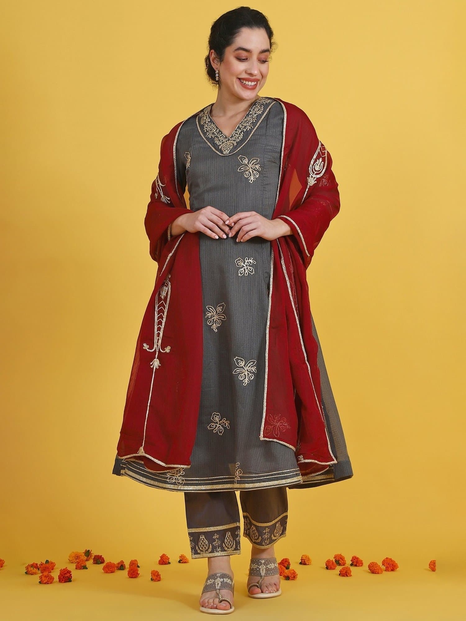 W Grey Embroidered Three-Quarter Sleeves Anarkali Kurta and Pants with Dupatta