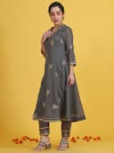 W Grey Embroidered Three-Quarter Sleeves Anarkali Kurta and Pants with Dupatta 4