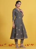 W Grey Embroidered Three-Quarter Sleeves Anarkali Kurta and Pants with Dupatta 3