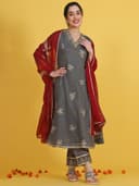 W Grey Embroidered Three-Quarter Sleeves Anarkali Kurta and Pants with Dupatta 5