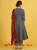 W Grey Embroidered Three-Quarter Sleeves Anarkali Kurta and Pants with Dupatta 2