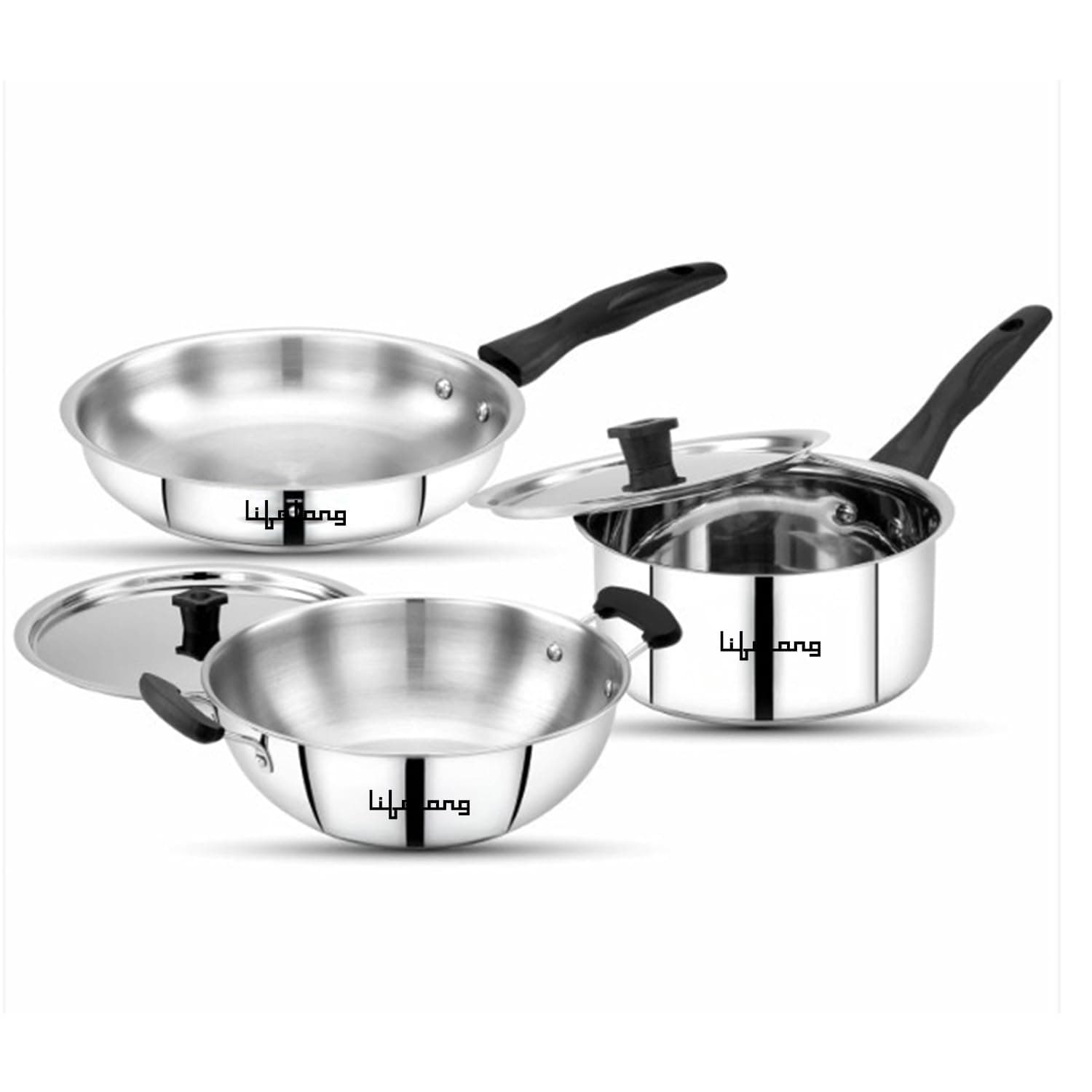 Lifelong 5 Piece Stainless Steel Cookware Set|2.2L Kadhai with Lid 22cm|1.4L Fry Pan 22cm|1.2L Saucepan 16cm|Comes with Two Lid|Induction & Gas Compatible|Bakelite Handles|Easy to Clean (Silver)