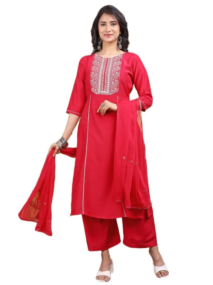 Embroidered Silk Blend Kurta Set Pink Palazzo Trousers Dupatta Elegant Ethnic Outfit for Women