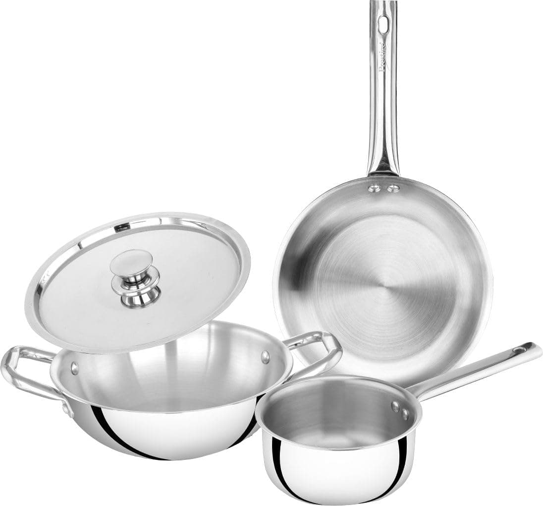 Prestige TRIPLY 4 Pc Cookware Set | TRIPLY Splendid | Fry Pan 22cm/1.2L | Kadai 22cm/2.1L | Saucepan 14cm/1L | SS Lid 24cm | Gas & Induction Compatible | Even Heat Distribution | 15Y Warranty | ISI