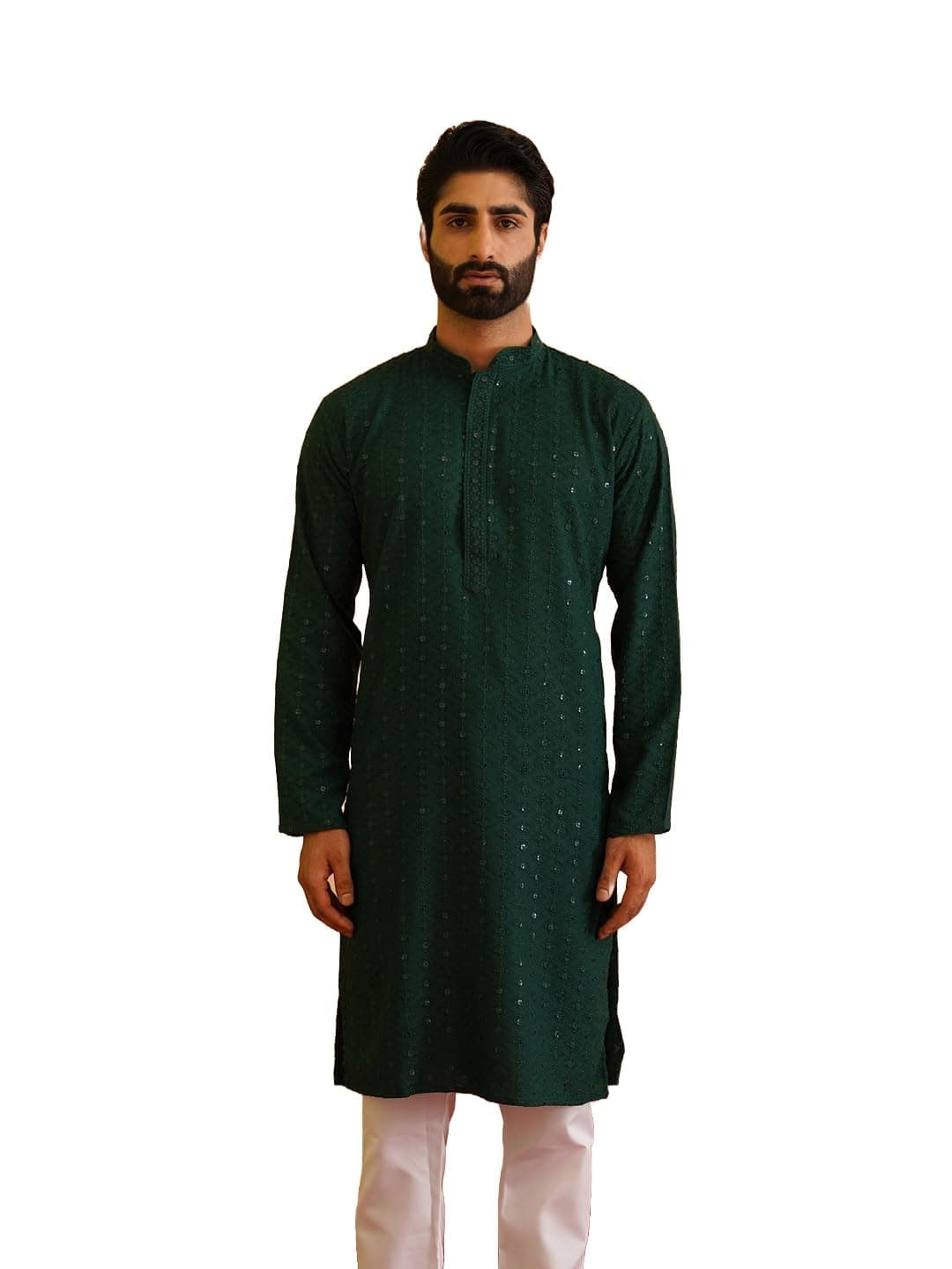 SOJANYA (Since 1958 Men's Cotton Sequinned Embroidered Mustard Long Kurta
