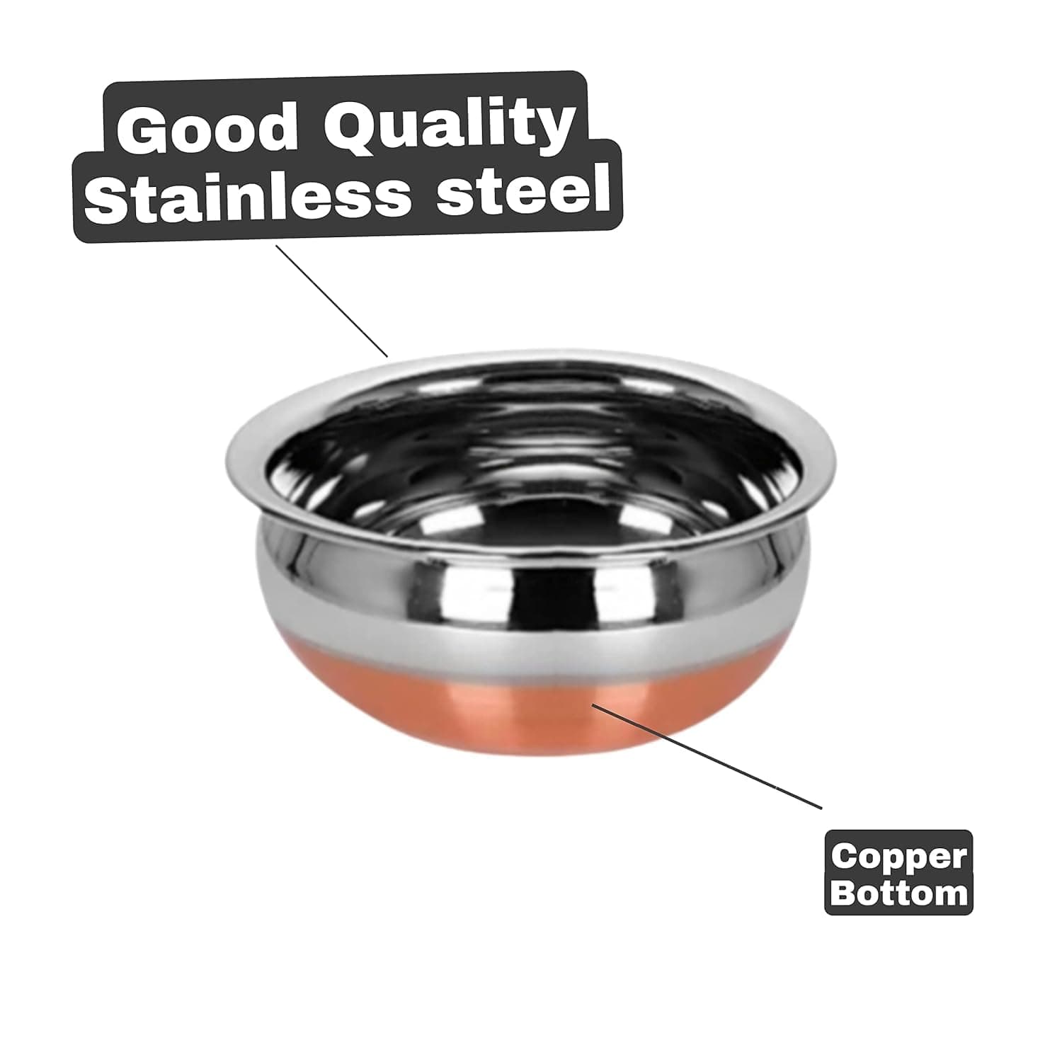 2 pcs Stainless Steel Copper Bottom Kitchen Serving, Cooking Bowl | Handi Set | Biryani Handi for Kitchen & Restaurant | Cookware Set | (2 pcs)