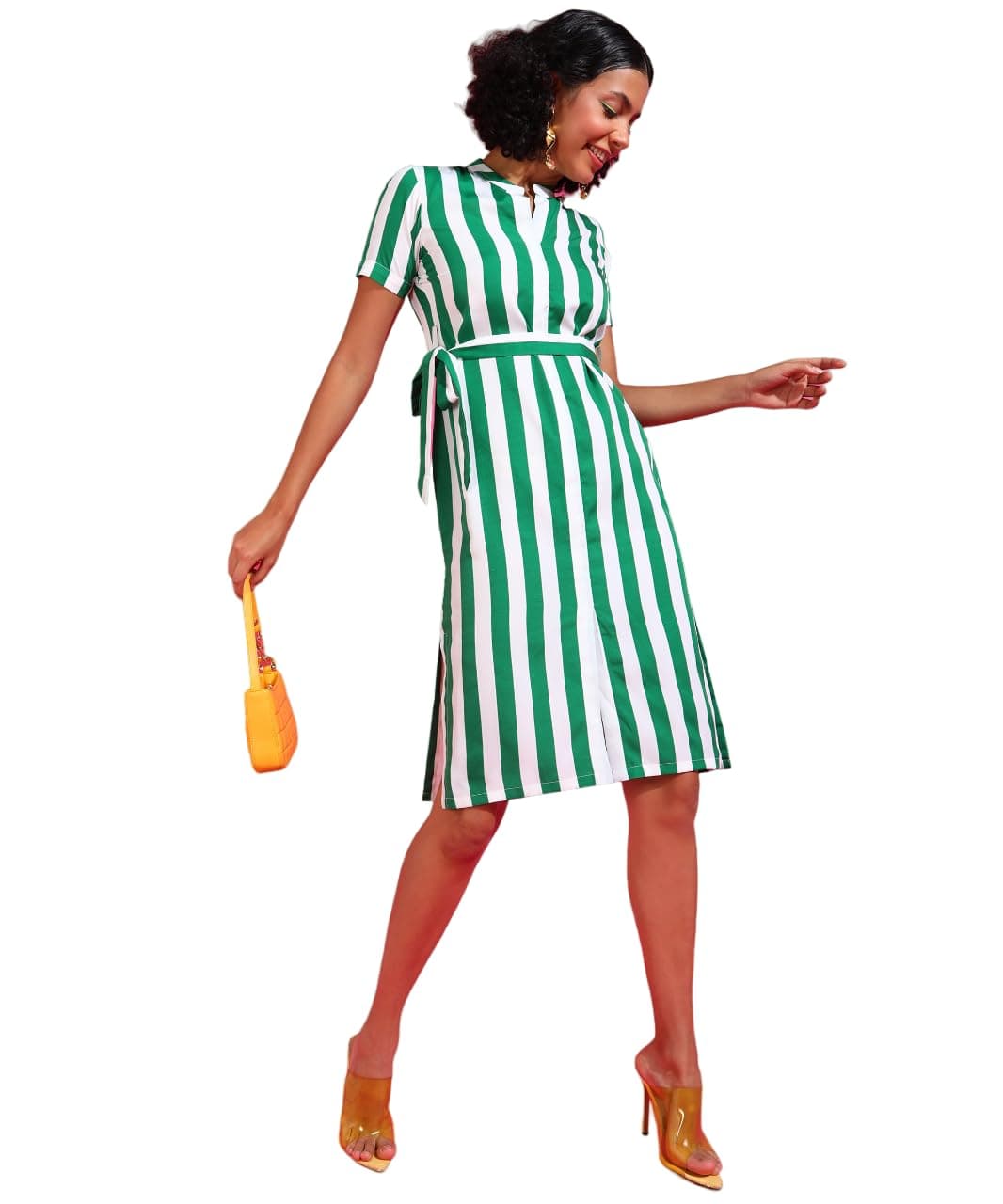 POPWINGS Women Casual Green & White Stripe Knee Length Collar Dress Dress | Stylish Dress | Trendy Dress