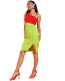 POPWINGS Women Casual Blue & Green Asymmetric Noodle Strap Dress | One Shoulder Dress | Sleeveless Dress | Latest Trendy Dress | Women Dress | Women Knee Length Dress 1
