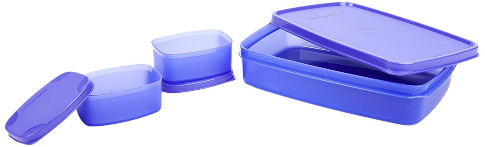 Signoraware Compact Bpa Free Plastic Microwave Safe Lunch Box, Food Grade Tiffin Boxes Set, Leak Proof Air Tight Dabba (Set of 3 – 1 x 850ml Container, 2 x 100ml Containers, Square, Violet)