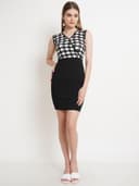 POPWINGS Women Casual Black & White Sleeveless Printed Knee Length Bodycon Dress 2