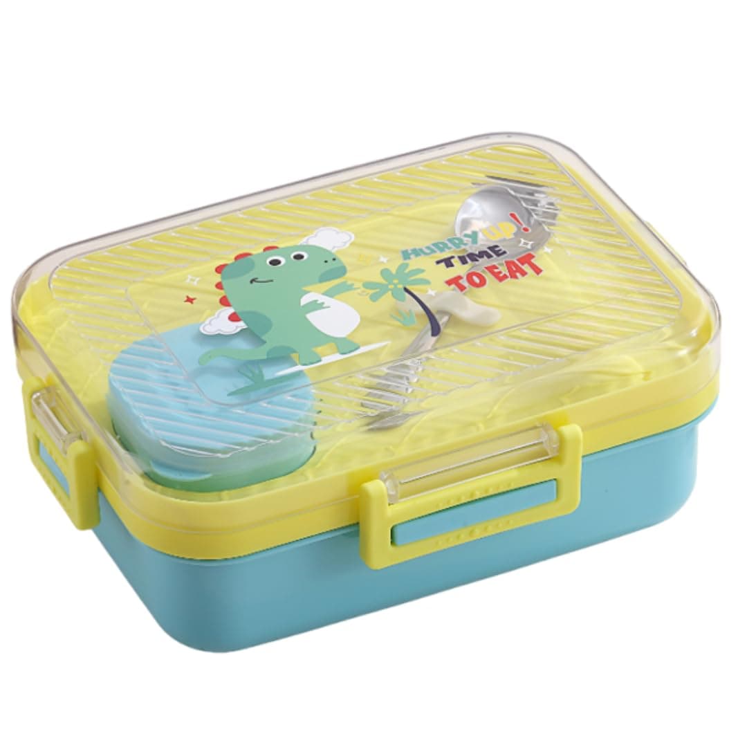ATTRO Monark Dinosaur Themed Kids Lunch Box with Inner Steel 3 Compartment 1 Small Container, Stainless Steel, 1 Spoon & Separate Internal Lid Leakproof- 750ml+70ml Yellow