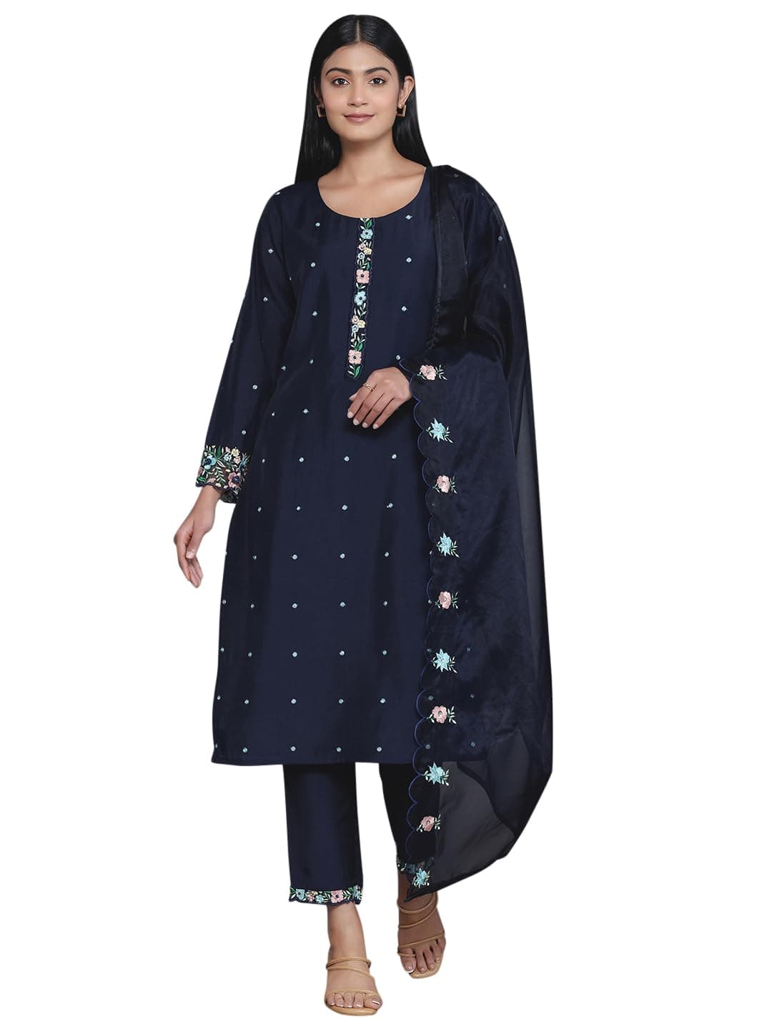 Libas Womens Embroidered Silk Blend Straight Kurta with Trousers and Dupatta | Ethnic wear | Bridal Suit | Wedding Dress | Occasion wear