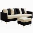 CASASTYLE Akon 5 Seater L Shape Sofa Set with Movable Ottoman | Flexible Left or Right Layout (Black-Cream) in Premium Velvet Fabric | Durable & Comfort Ideal Sofa for Living Room 4