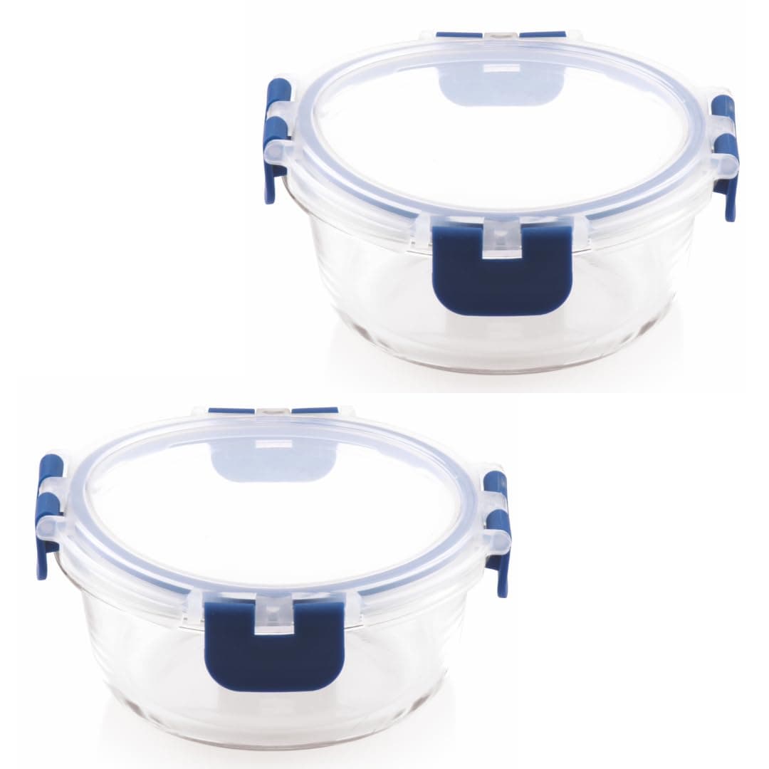 ATTRO Glassox Borosilicate Round Glass Lunch Box with PP Snap Lock Lid Food Storage Container Microwave & Freezer Safe Food-Grade Leak-Proof 400ml Set of 2, White