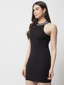 POPWINGS Solid Halter Neck Bodycon Dresses for Women| Polyester Sleeveless Knee Length Bodycon Women Dress 3