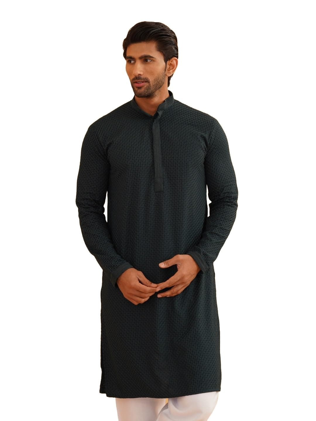 SOJANYA Men’s Cotton Checkered Thread Embroidered Long Kurta