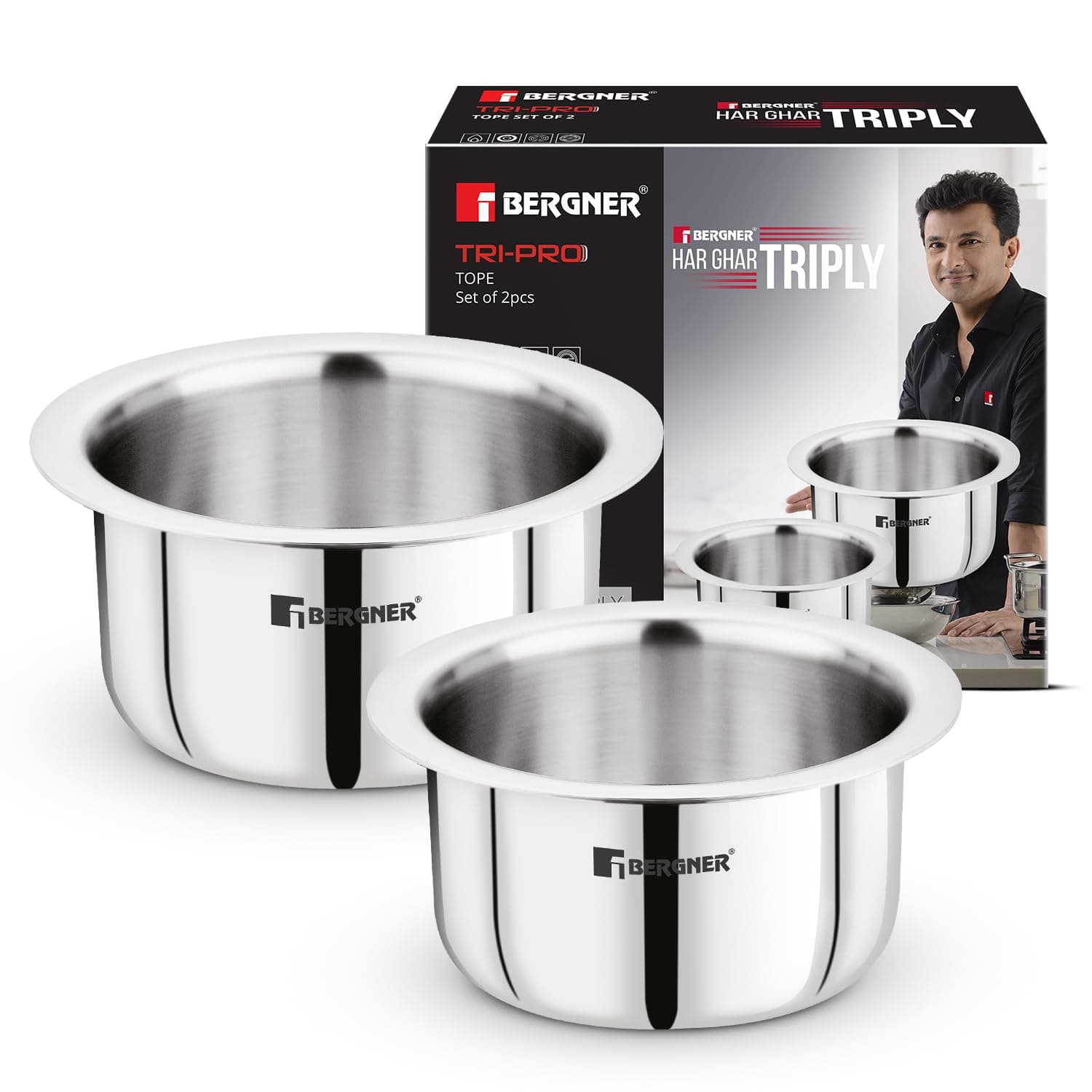 Bergner Tripro Triply Stainless Steel 2 Pcs Tope Set, Stainless Steel 14cm / 1.3 L and 16cm / 1.9 L Tope Set, Less Oil Use for Health Cooking, Even Heat Distribution, Easy to Clean - Induction Bottom