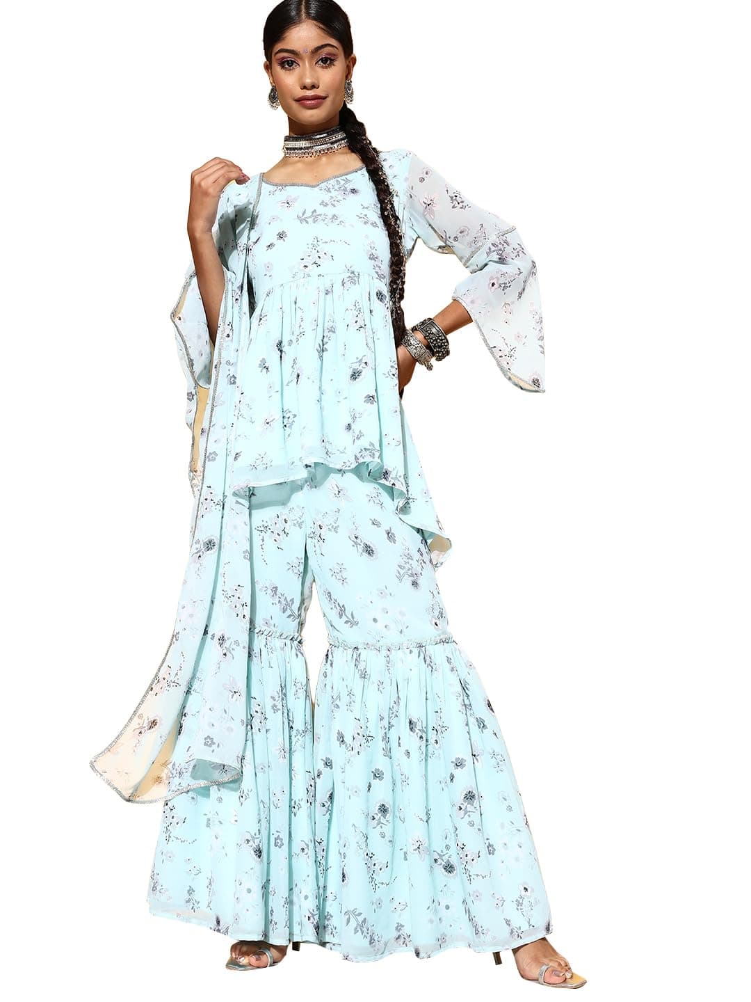 Libas Blue Printed Poly Georgette A-Line Kurta With Sharara & Dupatta