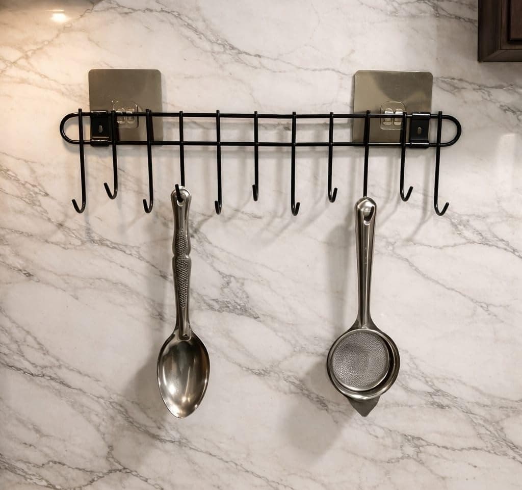 Wall Mounted Kitchen Utensil Hanger with Adhesive Hooks | Heavy Duty Metal Spoon & Ladle Holder Rack | No Drilling Kitchen Organizer for Cooking Tools, Cups & Accessories (Black)