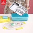 ATTRO Monark Dinosaur Themed Kids Lunch Box with Inner Steel 3 Compartment 1 Small Container, Stainless Steel, 1 Spoon & Separate Internal Lid Leakproof- 750ml+70ml Yellow 4