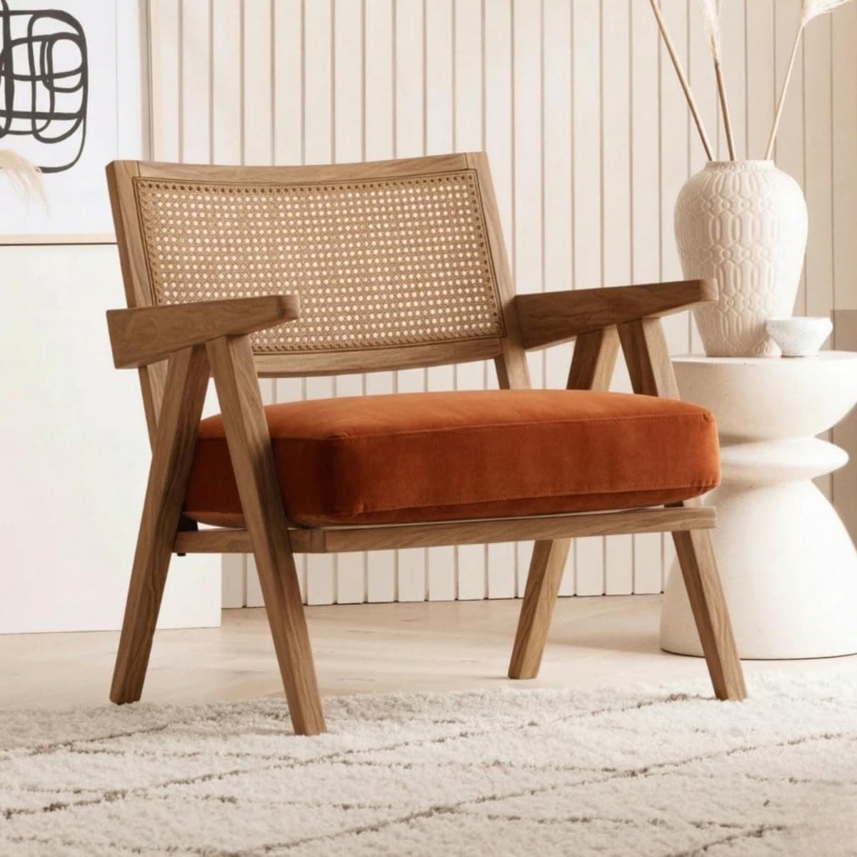 Kingsman Furnitures ABEL Rattan Teak Wood Accent Arm Chair for Home Bedroom, Living, Dining, Drawing Room | Ultra Soft and Comfortable for Stress Free | Removable Cushion (Natural-BurntOrange-Velvet)