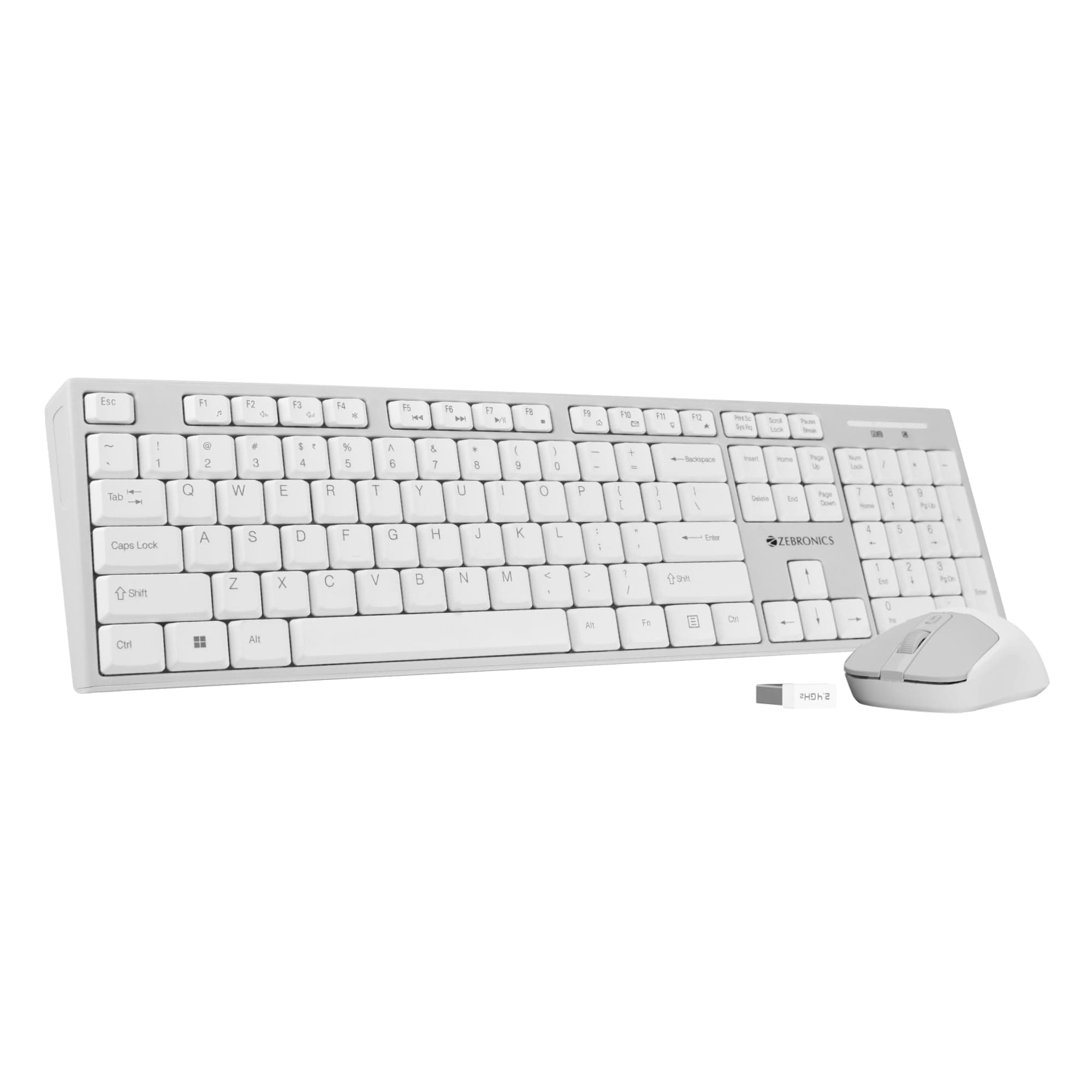 Zebronics Wireless Keyboard & Mouse Combo, 104 UV-Printed Keys, ₹ Key, 12 Multimedia Keys, Retractable Stand, 4 Button Mouse, 1600 DPI, High Precision, USB Nano Receiver (Companion 304, White + Grey)