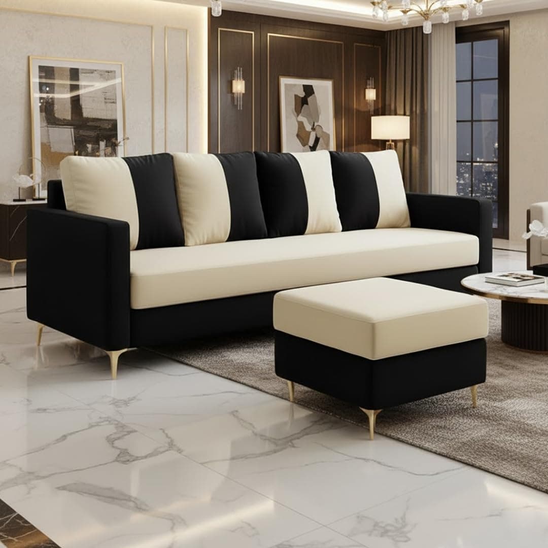 CASASTYLE Akon 5 Seater L Shape Sofa Set with Movable Ottoman | Flexible Left or Right Layout (Black-Cream) in Premium Velvet Fabric | Durable & Comfort Ideal Sofa for Living Room