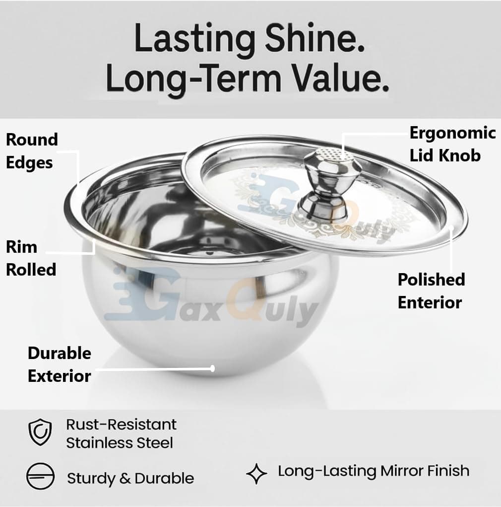 Stainless Steel Cook and Serve Handi Panjabi Biryani Serving Bowl Milk Pot Pan Patila with Lid Laser Finished Gas & Induction Compatible Multipurpose Utensil 500 ml (2pcs, Steel)