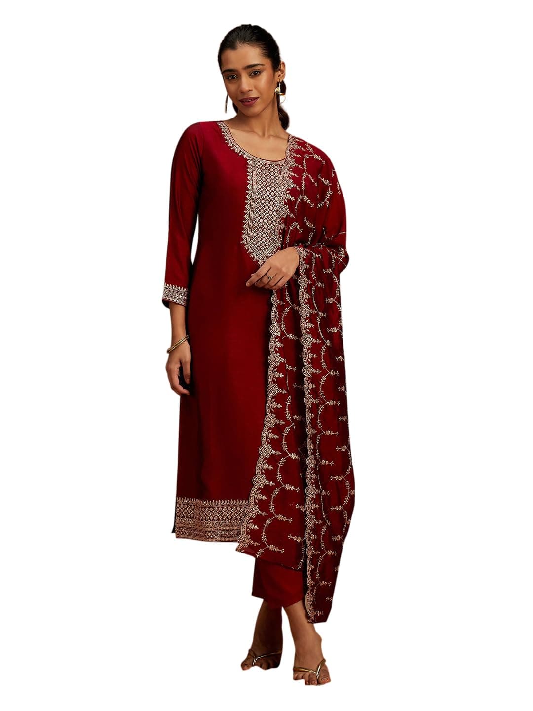 Libas Womens Yoke Design Silk Blend Straight Kurta With Trousers and Dupatta | daily wear suit