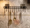 Wall Mounted Kitchen Utensil Hanger with Adhesive Hooks | Heavy Duty Metal Spoon & Ladle Holder Rack | No Drilling Kitchen Organizer for Cooking Tools, Cups & Accessories (Black) 4