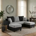 CASASTYLE Brocon 5 Seater L Shape Sofa Set with 2 Movable Ottoman | Flexible Left or Right Layout | Cozy Velvet Fabric | Soft Touch Seating | Modern Designer Sofa for Living Room (Black-Light Grey) 1