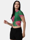 POPWINGS Women Casual Green Black Geomatrics Print Halter Neck Half Sleeve Net Crop Top 2