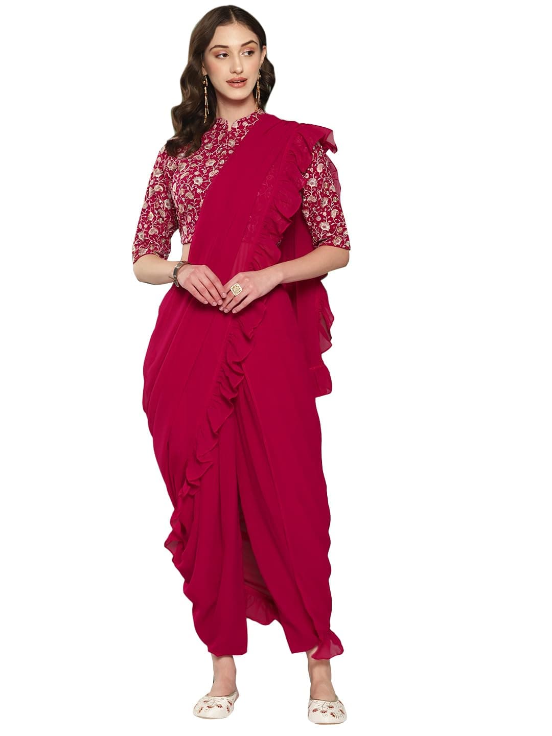 Libas Women's Embroidered Georgette Ready To Wear Saree With Stitched Blouse