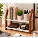 2-Tier Wooden Bookshelf Organizer for Desk, Tabletop Book Rack with Storage Shelves, Desktop Bookcase for Books, Study Room, Home & Office Organizer, Rustic Red-White (12 x 10 Inch) 1