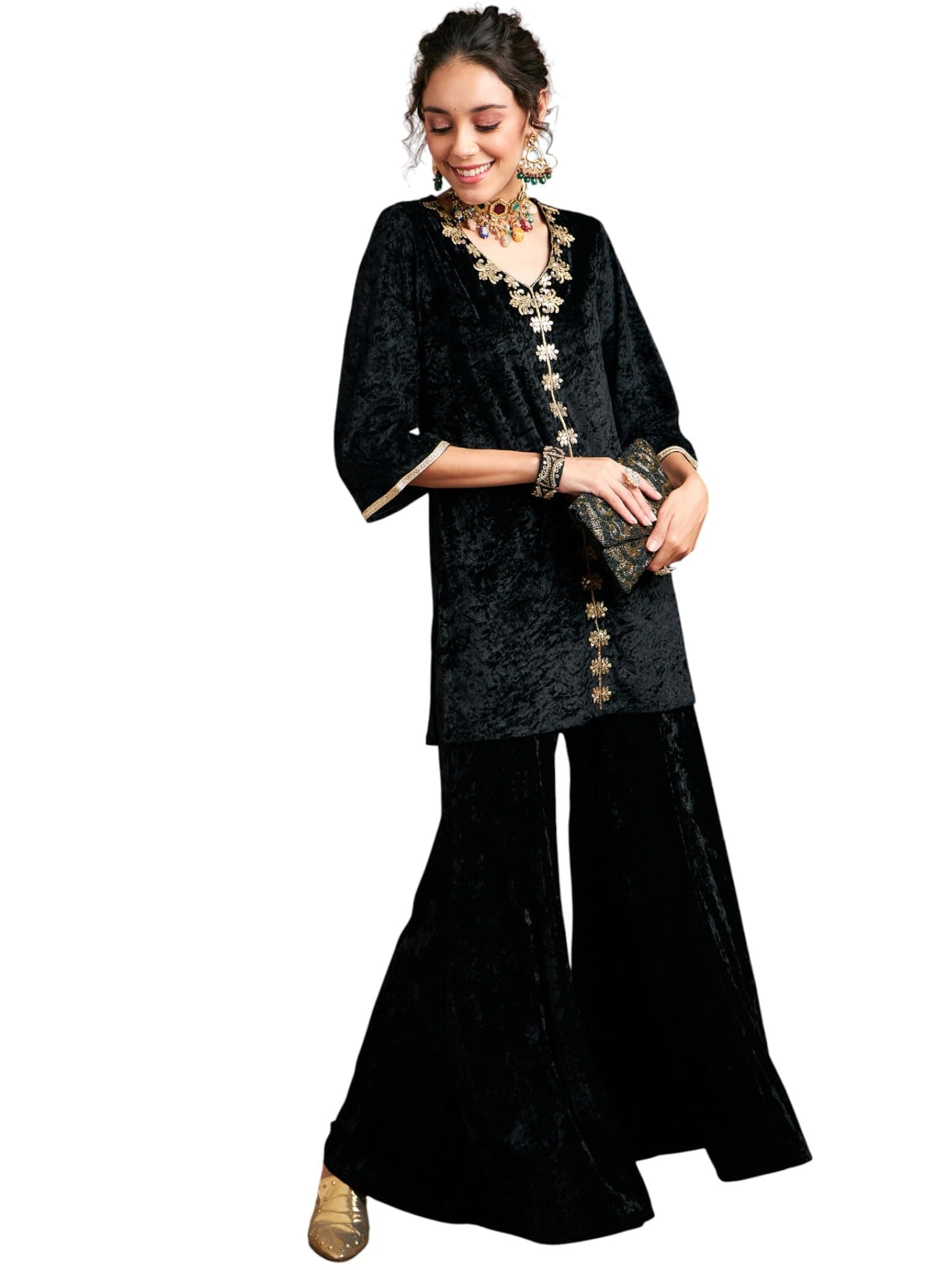 Shae by SASSAFRAS Women Velvet Embroidered Short Kurta With Palazzos