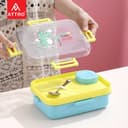 ATTRO Monark Dinosaur Themed Kids Lunch Box with Inner Steel 3 Compartment 1 Small Container, Stainless Steel, 1 Spoon & Separate Internal Lid Leakproof- 750ml+70ml Yellow 2