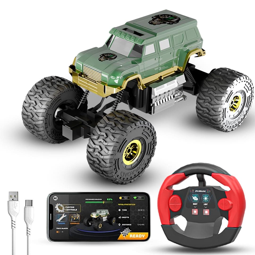 Cockatoo-Kids Trailblazer 2WD Rechargeable Remote Control Car with App & Remote, Off-Road Monster Truck Toy for Boys Girls, Nitro Boost, Shock Absorber, Bluetooth Speaker, Fast USB Charging, Green