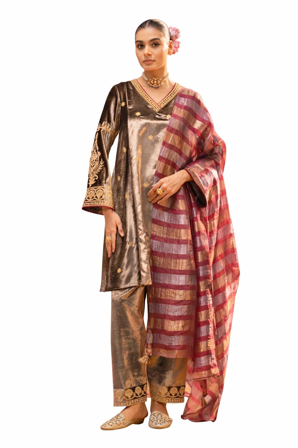 FIORRA Women Brown Ice Velvet Embroidered Kurta Set with Dupatta