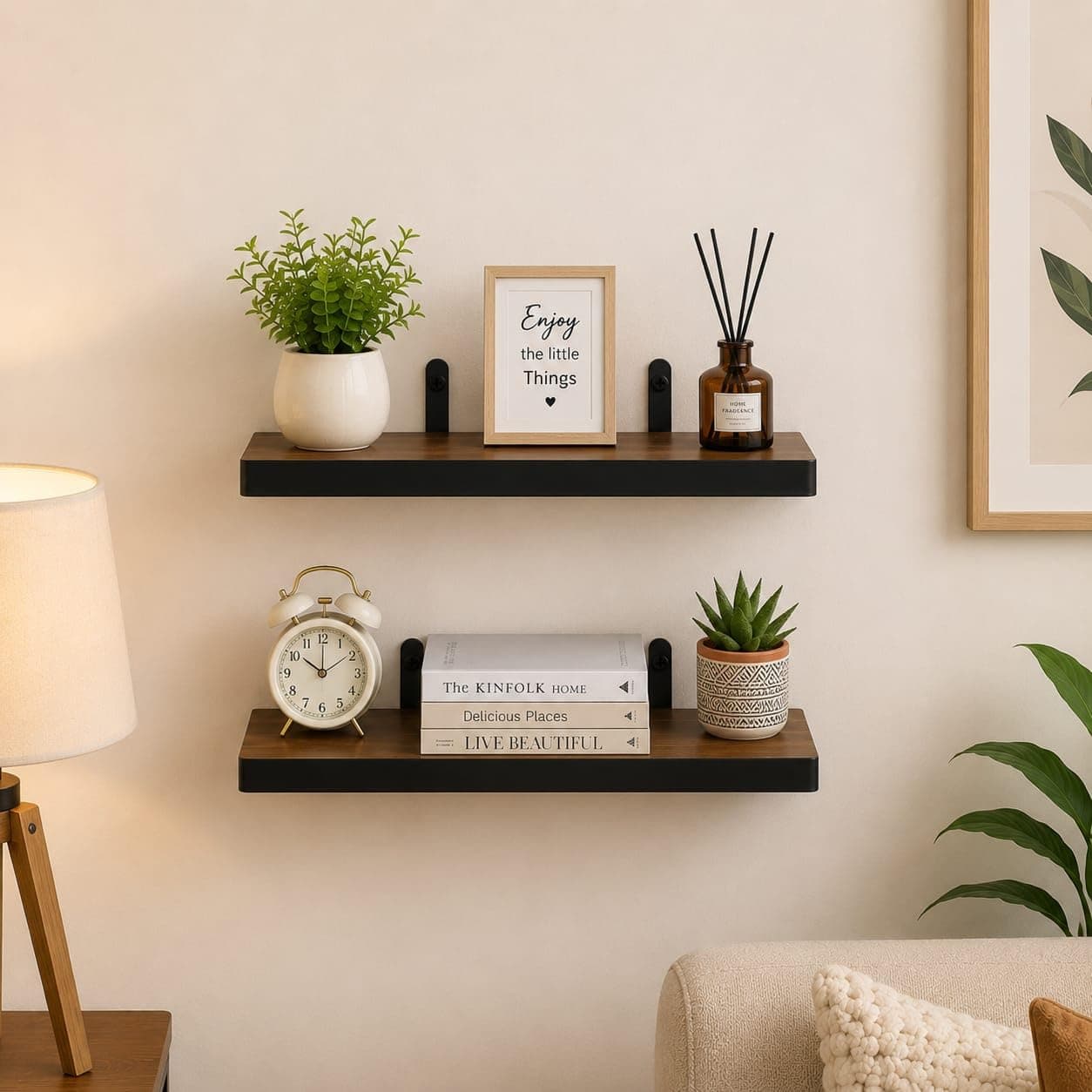 Engineered Wood Floating Wall Shelves Pack of 2, Black 14x4 Inch Wooden Display Rack for Living Room, Bedroom, Kitchen, Office, Wall Mounted Bookshelf & Decorative Shelf