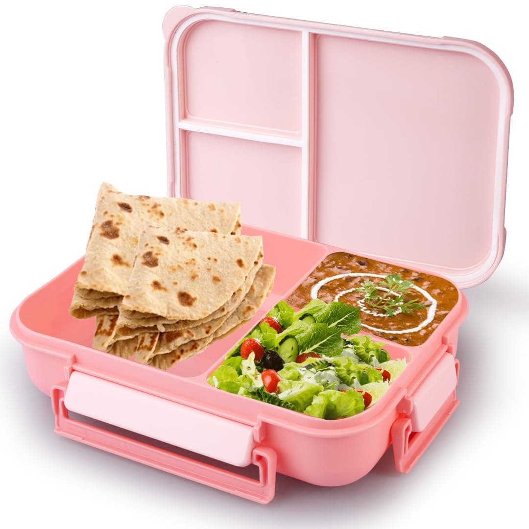 ATTRO Gourmet 3 Compartment Lunch Box Portable Meal Organizer for Office, School BPA-Free, Food Grade, Freezersafe, Microwave & Oven Safe 1700ml Peach, Plastic