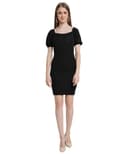 POPWINGS Women Casual Black Puff Sleeves Self Crush Design Knee Length Bodycon Dress | Dress for Women Dress for Women | Women Stylish Dress 1