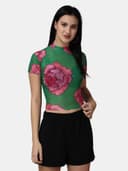 POPWINGS Women Casual Green Black Geomatrics Print Halter Neck Half Sleeve Net Crop Top 5