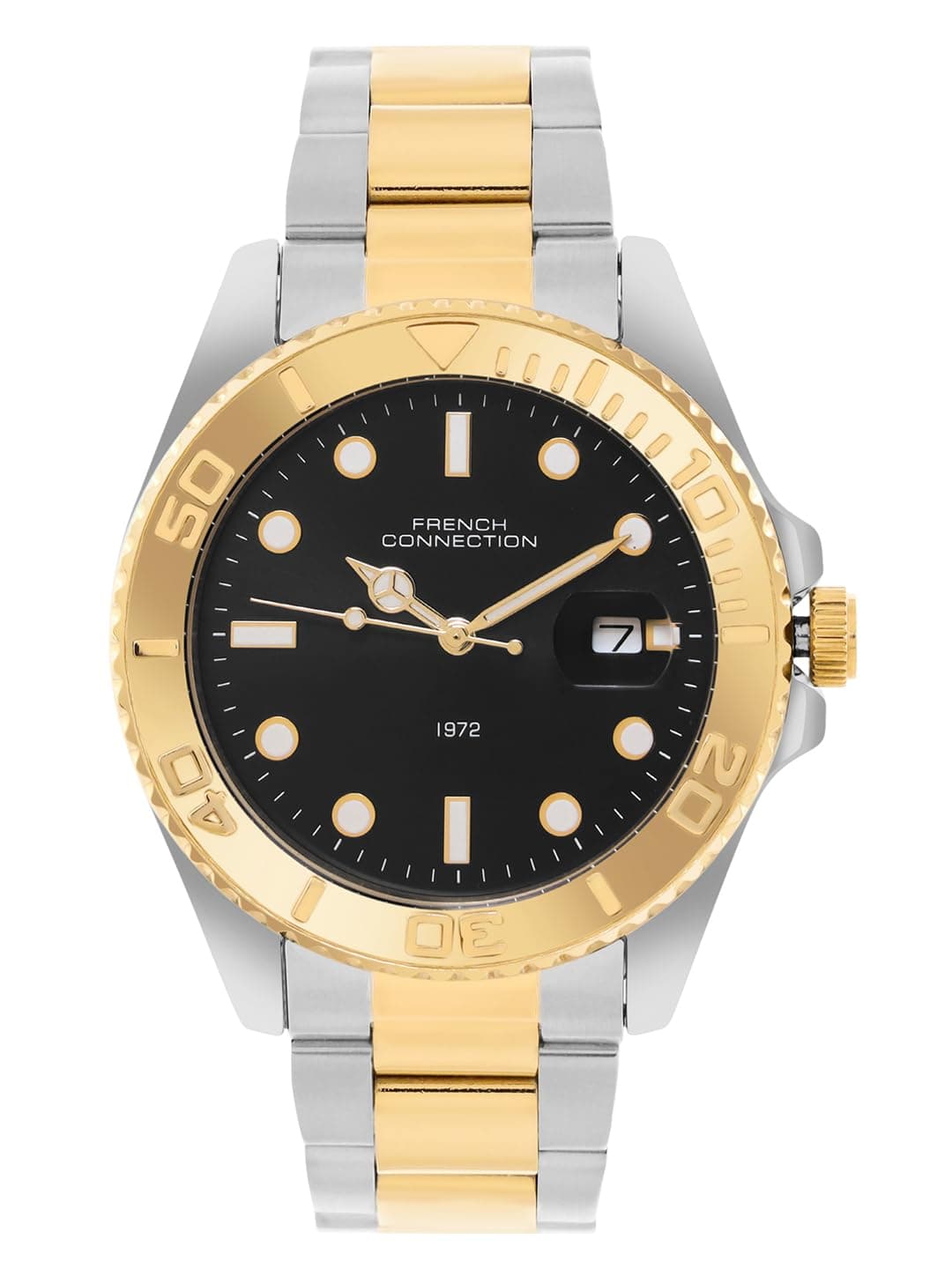 French Connection Apex Dated Black Round Dial Stainless Steel Strap | Casual | Premium | See Through Feature | Sunray Feature Wrist Watch for Men - FCH17TM