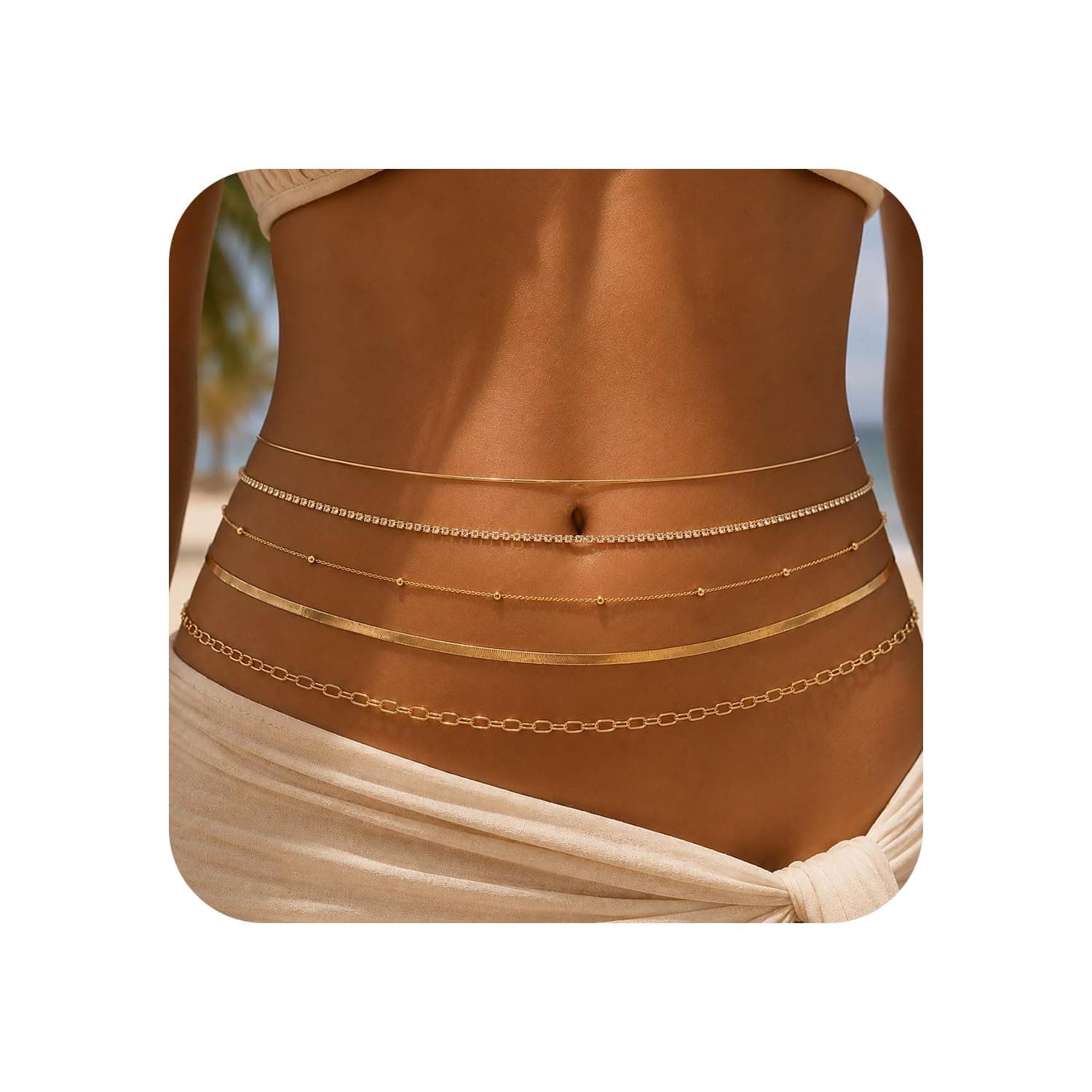 VAMA FASHIONS 18K Gold Plated Belly Chain Anti Tarnish Adjustable Waist Hip Belt Beads Herringbone Saree Kamarbandh Beach Body Chain Combo Jewelry for Women & Girls