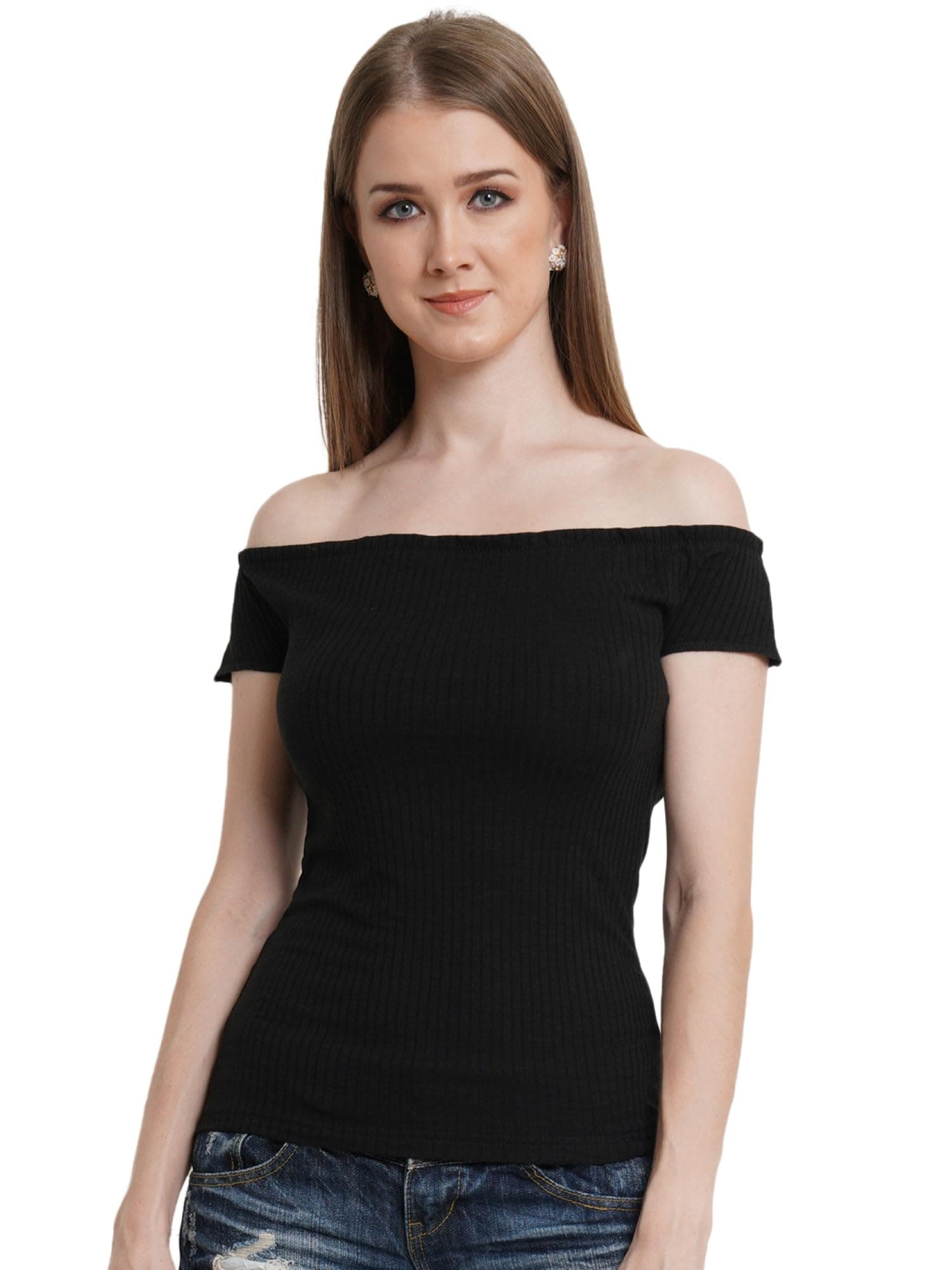 POPWINGS Casual Black Self Design Ribbed Top for Women || Stylish Off-Shoulder Top for Women || Stylish Latest Western Women Tops for Summer