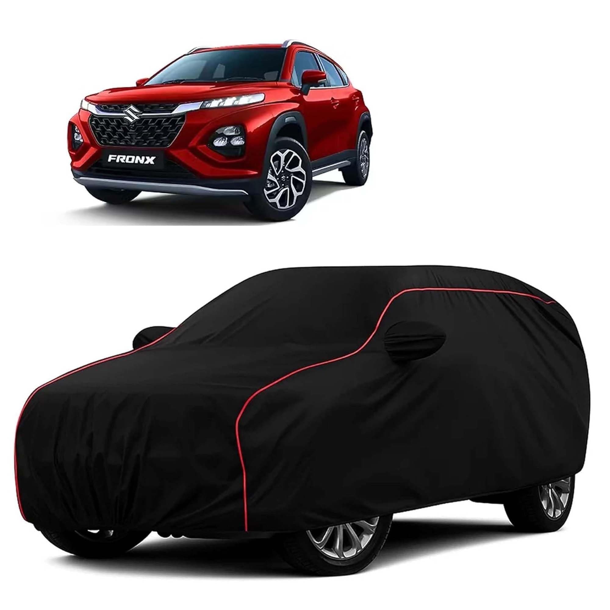 Sulfar 100% Water Resistant Car Body Cover Compatible with Mirror for Maruti Suzuki Fronx (Triple Stitched, Full Bottom Elastic, Black with Red Piping)