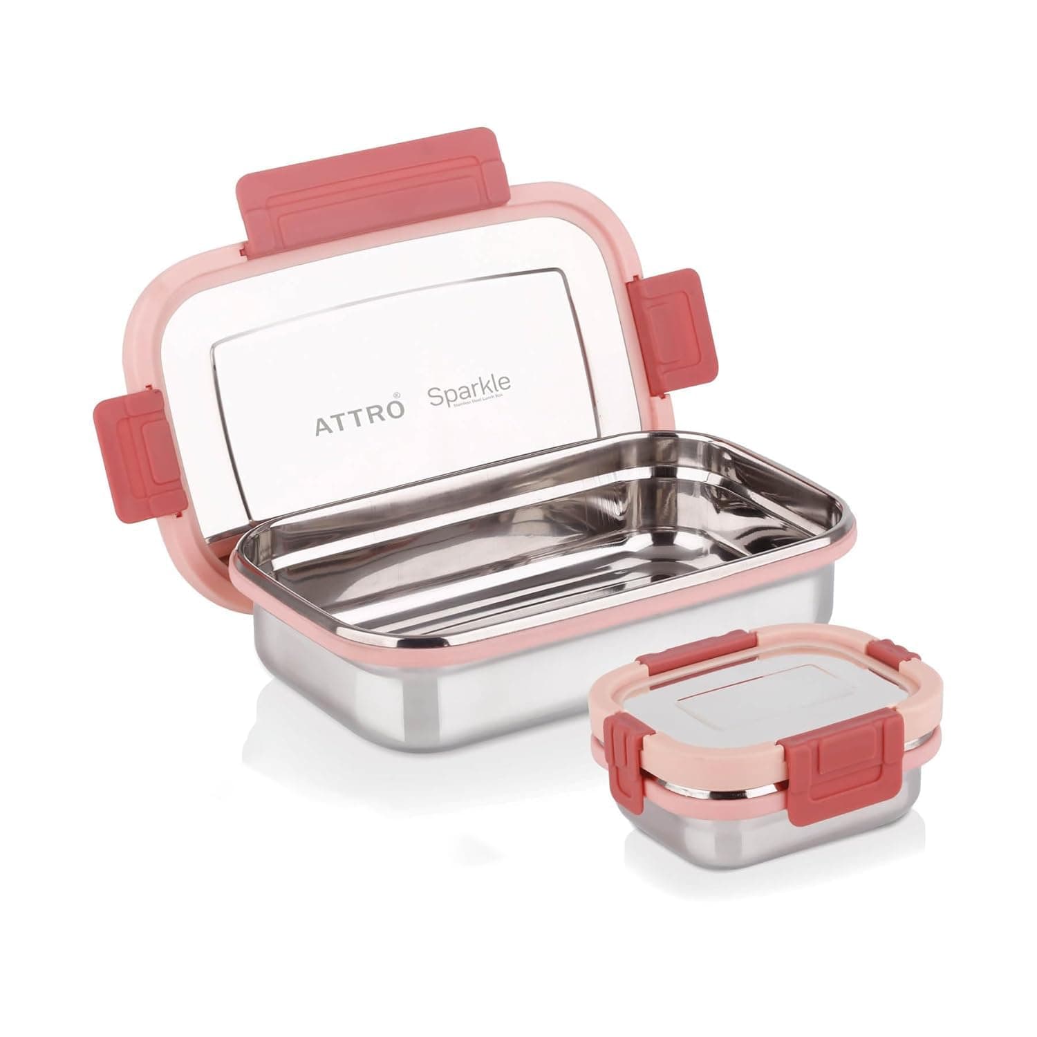 ATTRO Sparkle Big Stainless Steel Lunch Box 2-Piece Set – 900ml + 200ml – Leak-Proof, BPA-Free, Compact & Durable – Ideal for Kids, Office, Travel – Peach