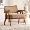 Kingsman Furnitures ABEL Rattan Teak Wood Accent Arm Chair for Home Bedroom, Living, Dining, Drawing Room | Ultra Soft and Comfortable for Stress Free | Removable Cushion (Natural-Beige-Velvet) 1